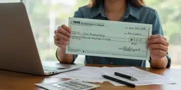Person holding a large tax refund check happily, symbolizing financial gain and successful tax planning.