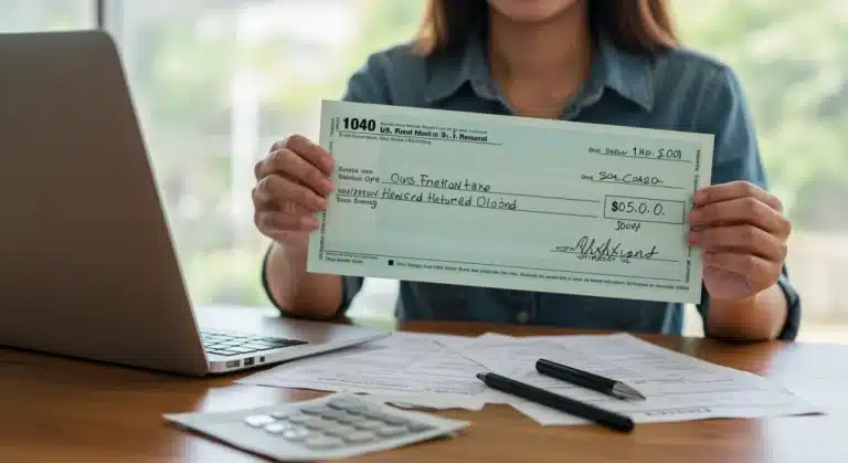 Person holding a large tax refund check happily, symbolizing financial gain and successful tax planning.