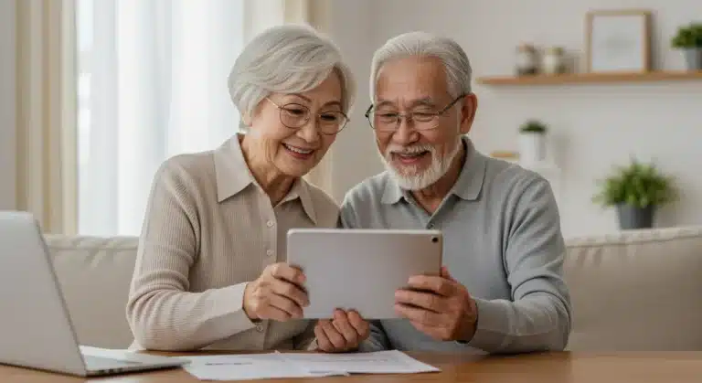 Senior couple happily reviewing 2025 Social Security benefits on tablet