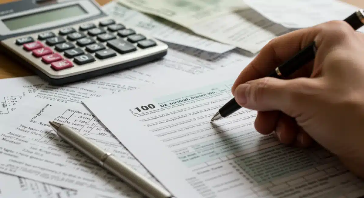 Hand highlighting a deduction on a tax form with receipts and calculator, illustrating detailed tax preparation.