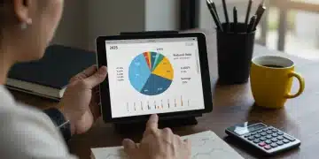 Person reviewing debt consolidation plan on tablet, showing financial relief and savings for 2025.