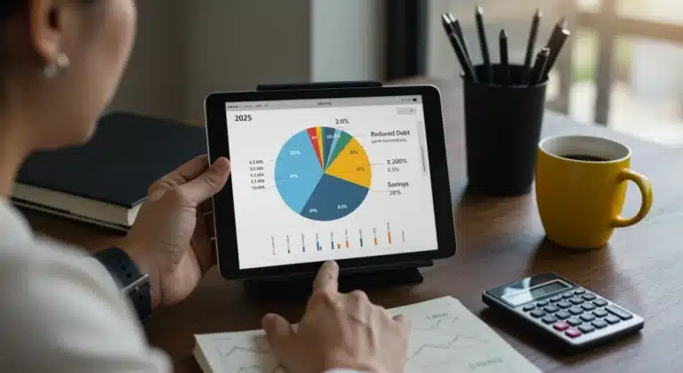 Person reviewing debt consolidation plan on tablet, showing financial relief and savings for 2025.