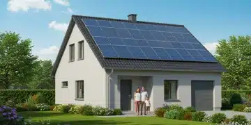 Modern energy-efficient home with solar panels and happy family, symbolizing future savings.