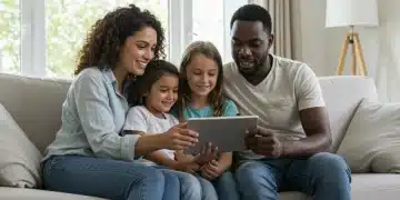 Family reviewing financial documents on a tablet, symbolizing understanding child tax credit benefits for 2025.