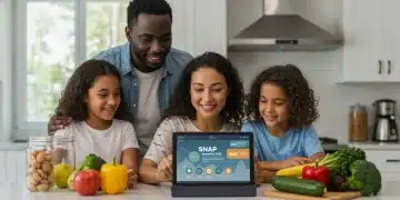 Family reviewing SNAP benefits information on a tablet in their kitchen, surrounded by healthy food.