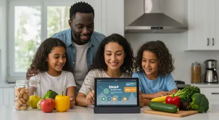 Family reviewing SNAP benefits information on a tablet in their kitchen, surrounded by healthy food.