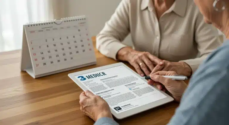 Senior couple reviewing 2025 Medicare policy documents on a tablet, planning for upcoming changes.