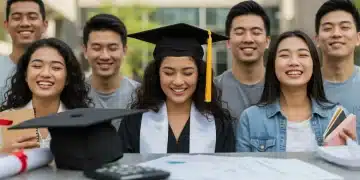 Students smiling with graduation cap and financial relief documents