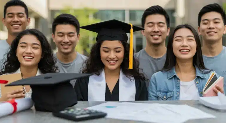 Students smiling with graduation cap and financial relief documents