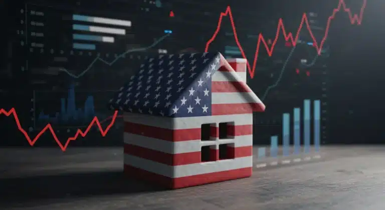 US home with policy charts, representing federal housing policy changes and economic impact.