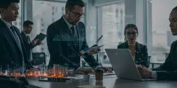 Professionals collaborating in a modern office, symbolizing US job growth from government initiatives.