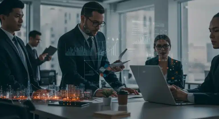 Professionals collaborating in a modern office, symbolizing US job growth from government initiatives.