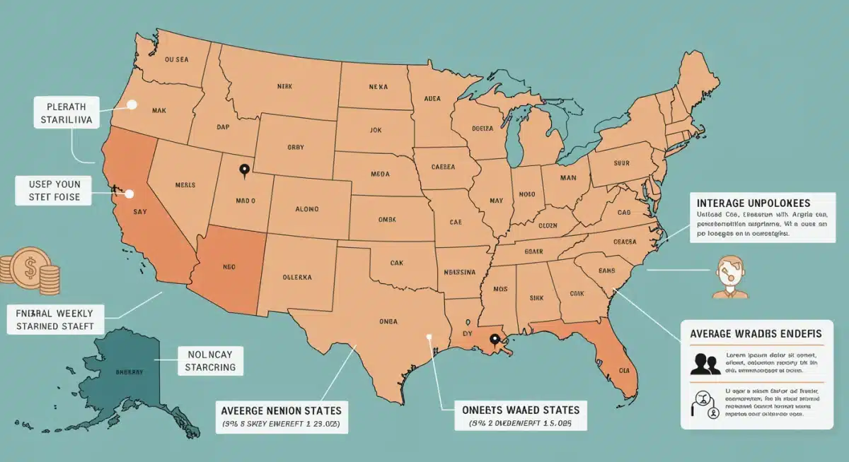 US map infographic displaying 2025 state unemployment benefits by average weekly amount.