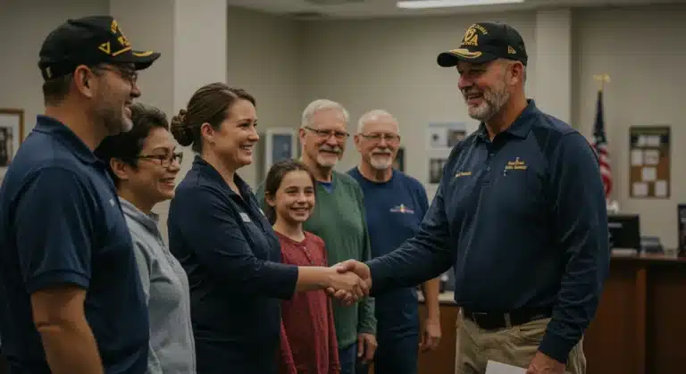 Veterans receiving information about new benefits programs from a VA representative.