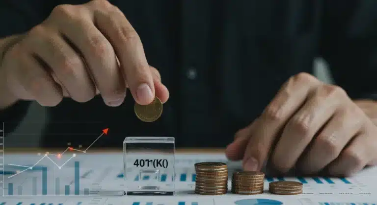 Hands placing coins into a miniature 401(k) symbolizing increased retirement savings and strategic financial planning for 2025.