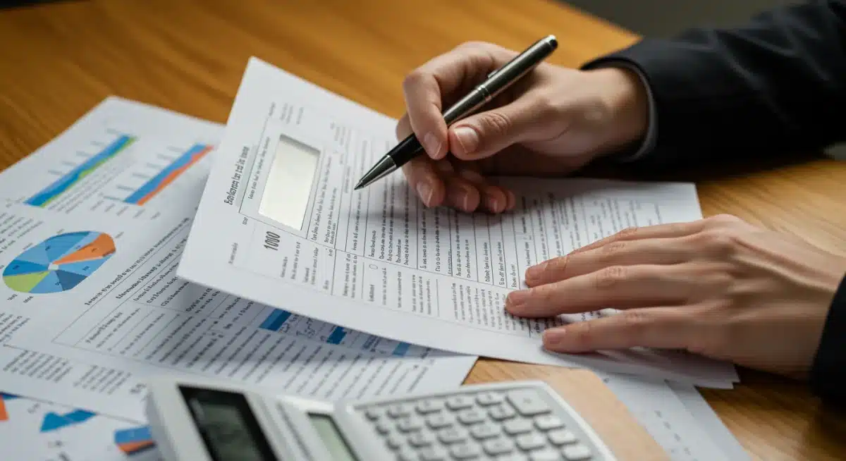 Person calculating tax deductions with a calculator and forms