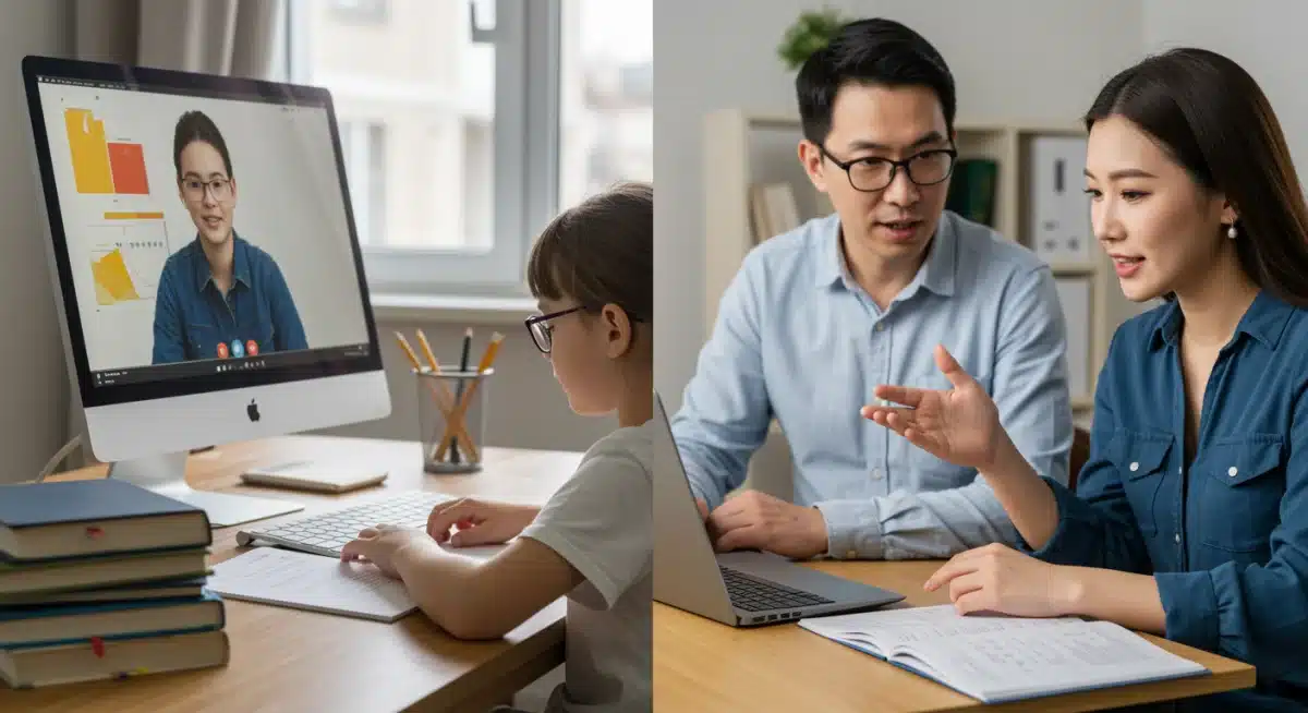 Child learning online and parent conferencing with virtual teacher