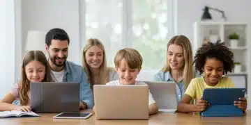 Diverse family learning online with laptops and tablets