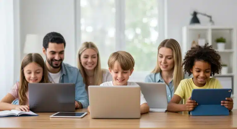 Diverse family learning online with laptops and tablets