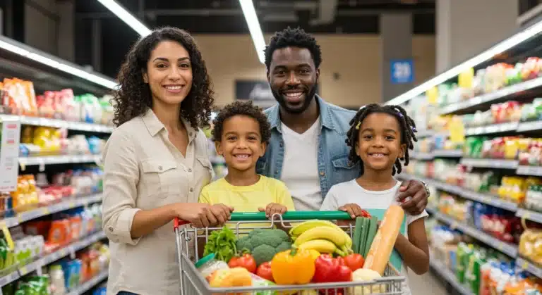 Family happily shopping for groceries with new federal SNAP benefits