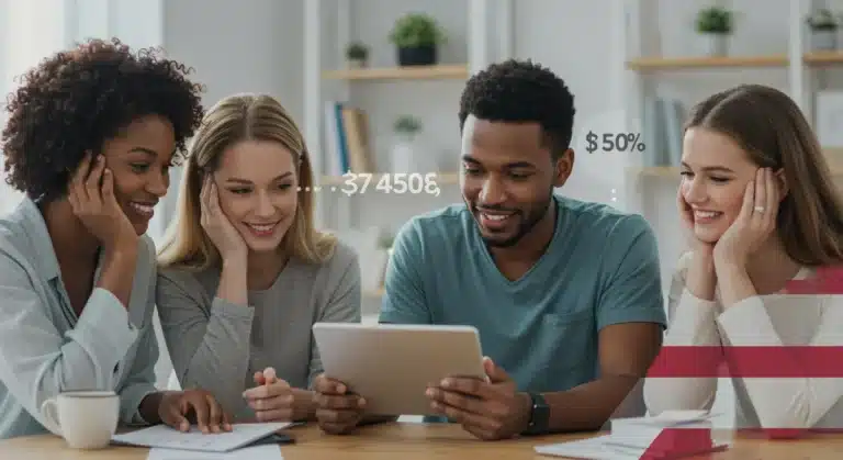 Family reviewing healthcare documents with relief, symbolizing federal health care savings