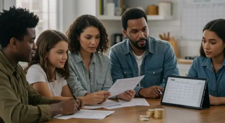 Family reviewing 2026 tax documents for household deductions