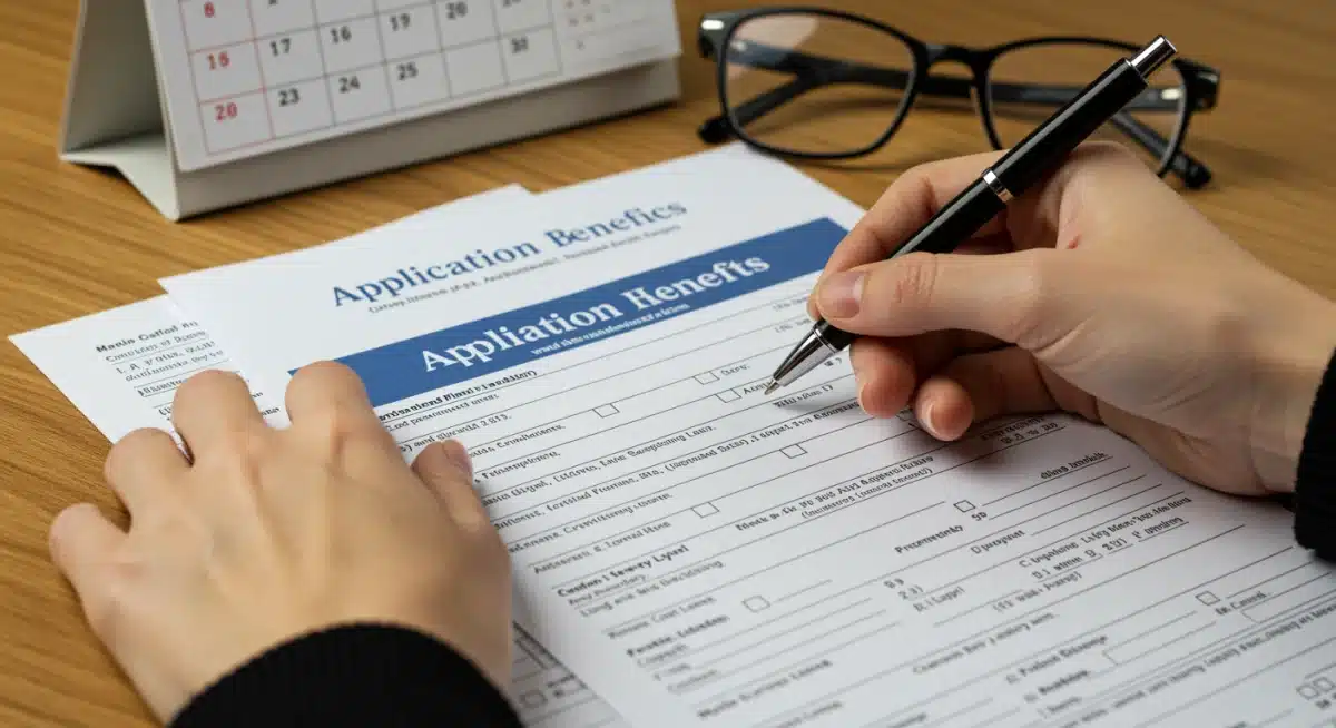 Hands filling out disability benefit application forms