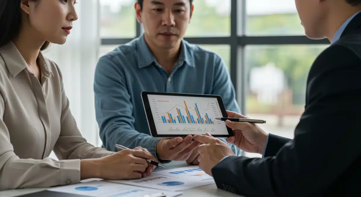 Financial advisor explaining charts to a couple about interest rates and refinancing.