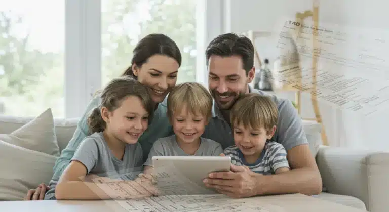 Happy family reviewing Child Tax Credit information on a tablet