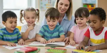 Children happily reading with an adult in a colorful classroom, learning before kindergarten.