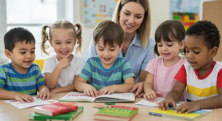 Children happily reading with an adult in a colorful classroom, learning before kindergarten.