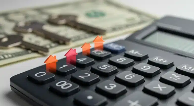 Calculator, house key, and dollar bills symbolizing rising interest rates and mortgage refinancing decisions.