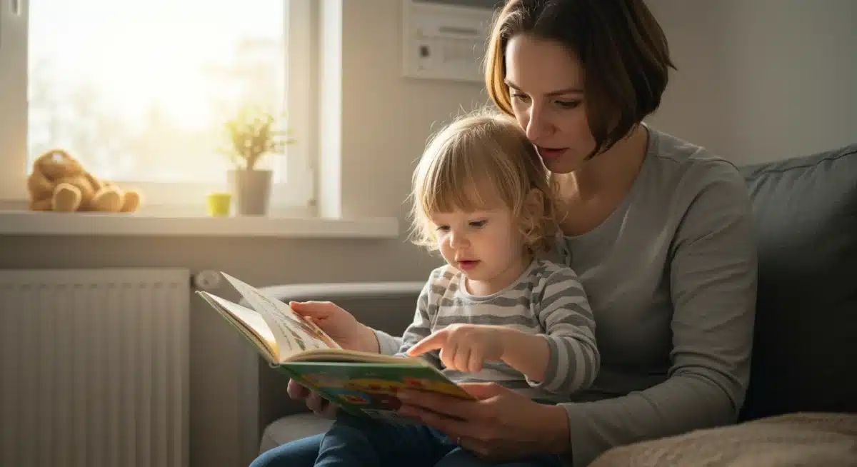 Parent and child reading a picture book together at home, fostering early literacy.