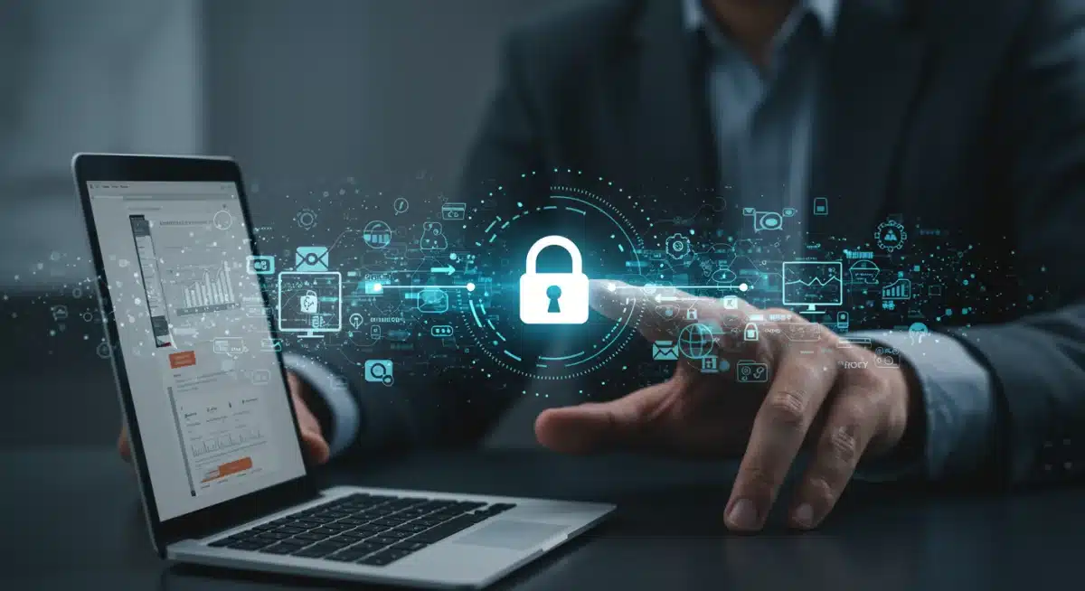 Interconnected devices with a padlock, symbolizing secure data flow under new privacy laws.