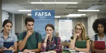 College students reviewing FAFSA information on a laptop, contemplating financial aid for their education.