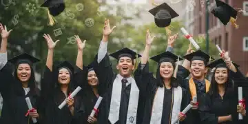Diverse high school graduates celebrating with caps in the air, symbolizing new scholarship opportunities.