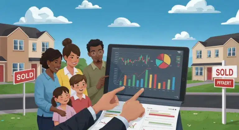 Illustration of a family in front of a new home, symbolizing the 2026 housing market forecast and future homeownership amidst affordability challenges.