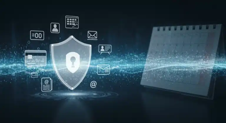 Digital shield protecting personal data with March 2026 calendar reminder