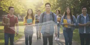 College students walking on campus with FAFSA form overlay, symbolizing federal student aid