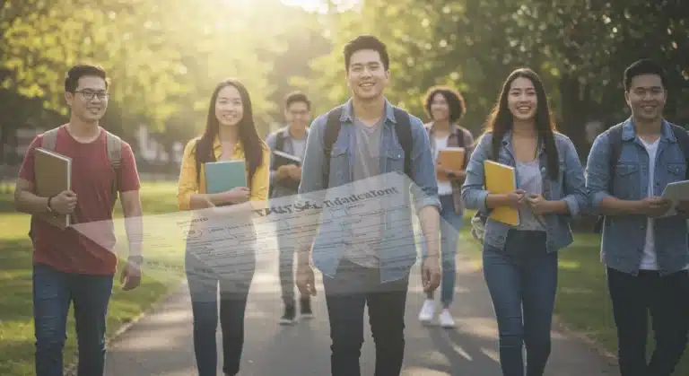 College students walking on campus with FAFSA form overlay, symbolizing federal student aid