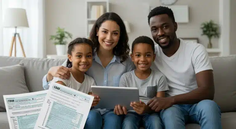 Family reviewing Child Tax Credit information on a tablet
