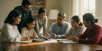 Family reviewing estate planning documents with a financial advisor