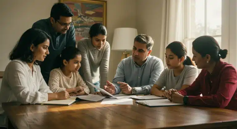 Family reviewing estate planning documents with a financial advisor