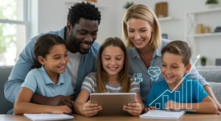 Family reviewing HSA documents, symbolizing financial planning and health savings for 2026.