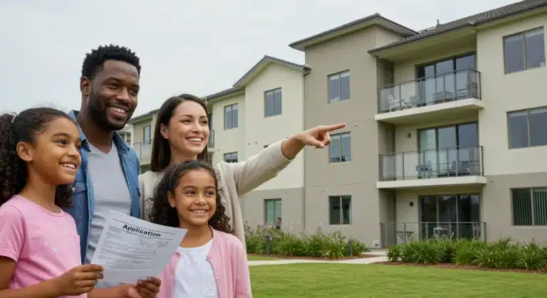 Family looking at a modern apartment building with Section 8 voucher application
