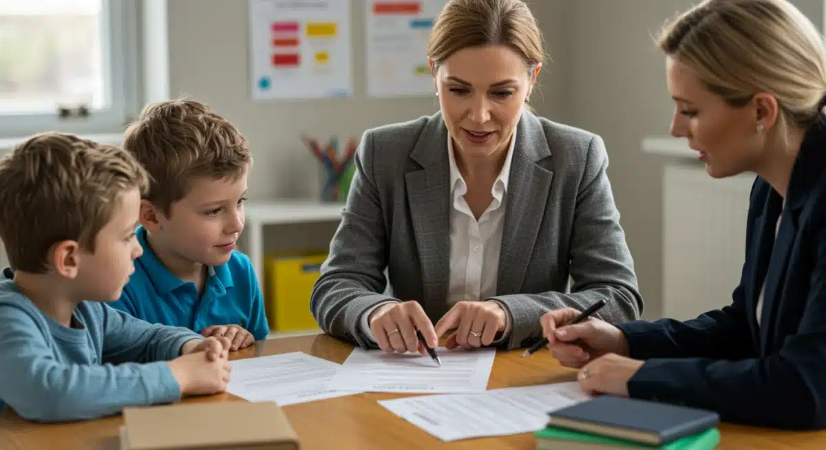 Parent and child discussing IEP with special education advocate