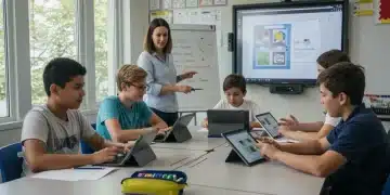 K-12 students using AI tools in a classroom with a teacher supervising