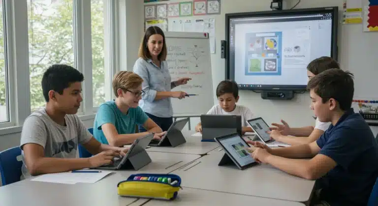 K-12 students using AI tools in a classroom with a teacher supervising