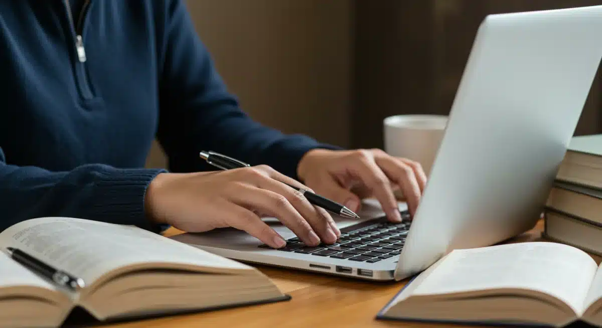Student diligently applying for scholarships on a laptop, surrounded by study materials.