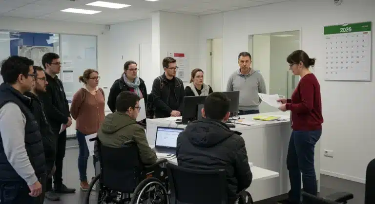 Diverse group understanding SSDI changes 2026 in a government office.